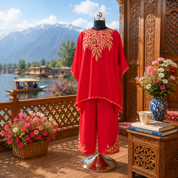 Red Tilla Crush Kashmiri Kaftan Set for Women | Machine Embroidered Tilla-Style Kaftan with Matching Bottom | Kashmiri Ethnic Wear