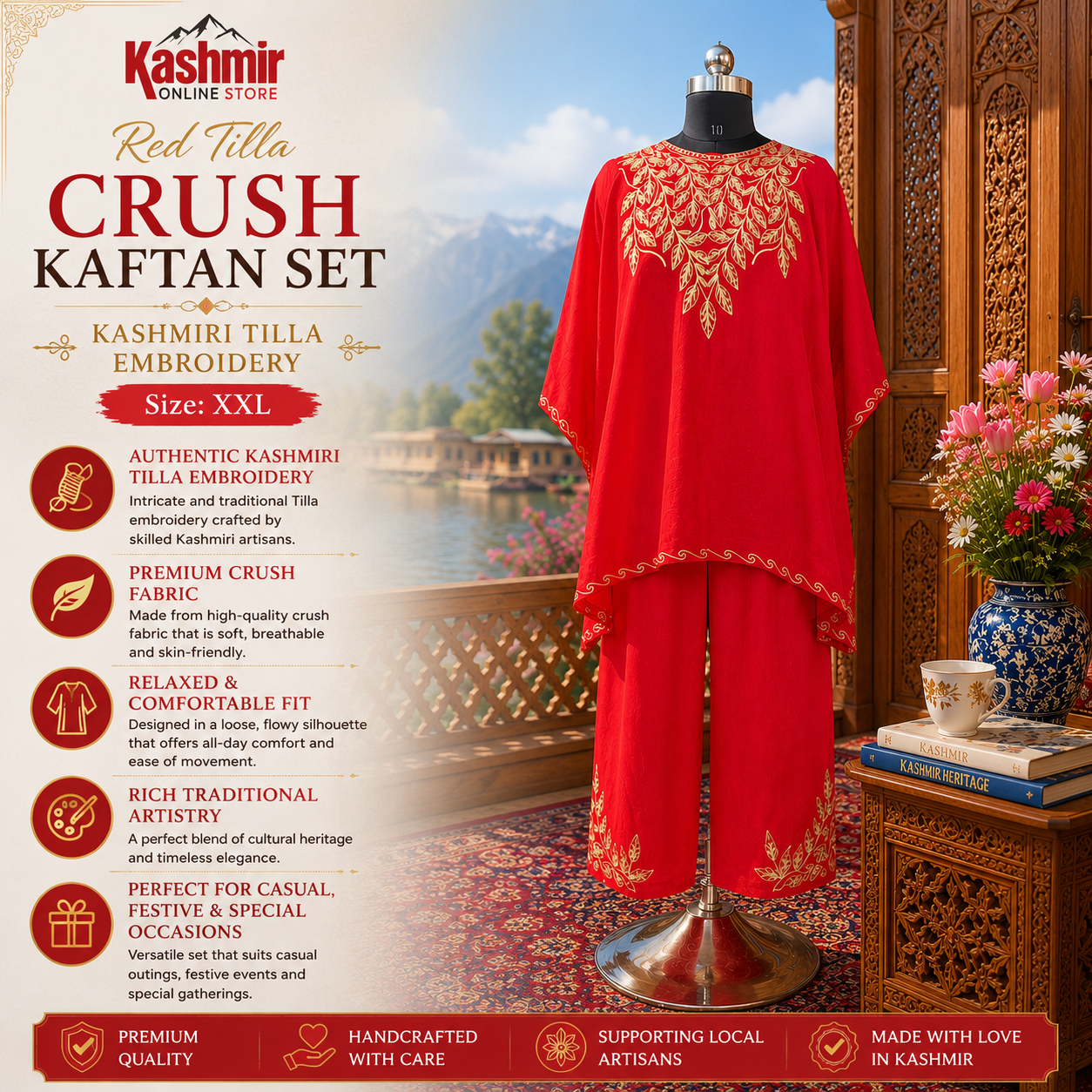 Kashmiri Tilla Embroidered Red Kaftan Set
