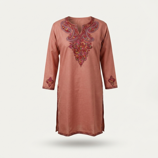 Rose Peach Kashmiri Needlework Long Kurti Multicolor Paisley Sozni Cotton
