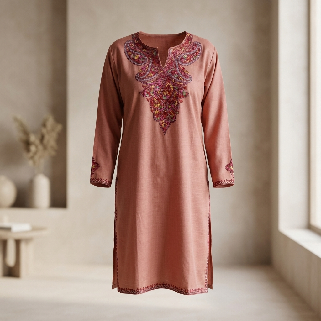 Rose Peach Kashmiri Sozni Embroidered Long Kurti