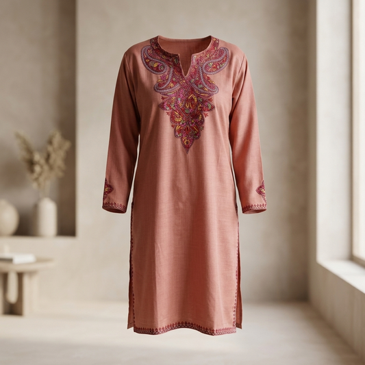Rose Peach Kashmiri Sozni Embroidered Long Kurti