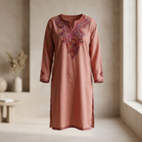 Rose Peach Kashmiri Sozni Embroidered Long Kurti