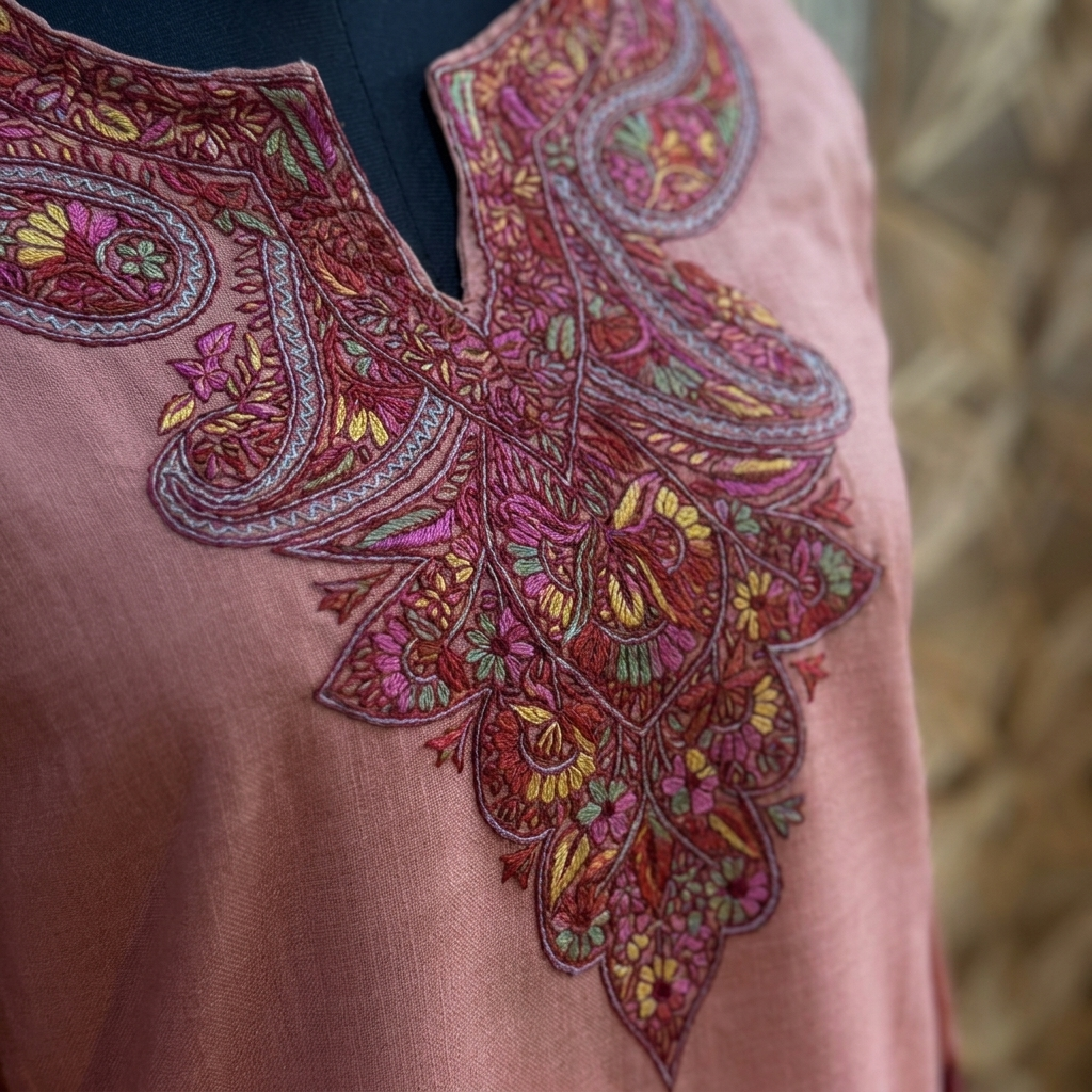 Premium Rose Peach Kashmiri Needlework Kurti
