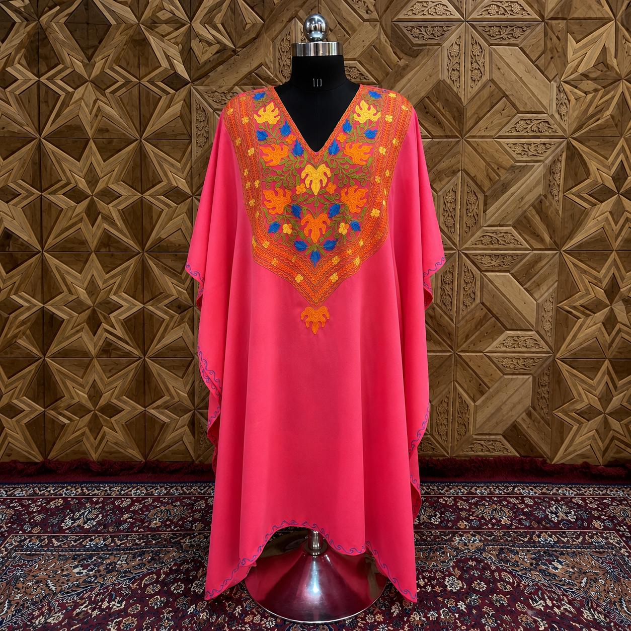 Rose Pink Kashmiri Aari Embroidered Summer Cool Long Kaftan for Women