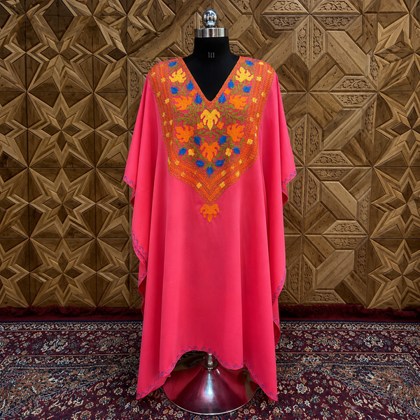 Rose Pink Kashmiri Long Kaftan for Women | Aari-Style Machine Embroidered Summer Kaftan | Kashmiri Ethnic Wear