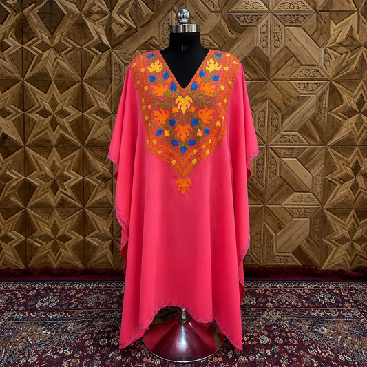 Rose Pink Kashmiri Aari Embroidered Summer Cool Long Kaftan for Women