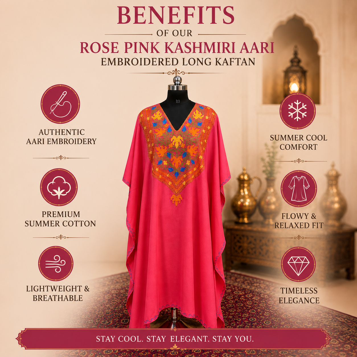 Premium Rose Pink Aari Embroidered Summer Kaftan