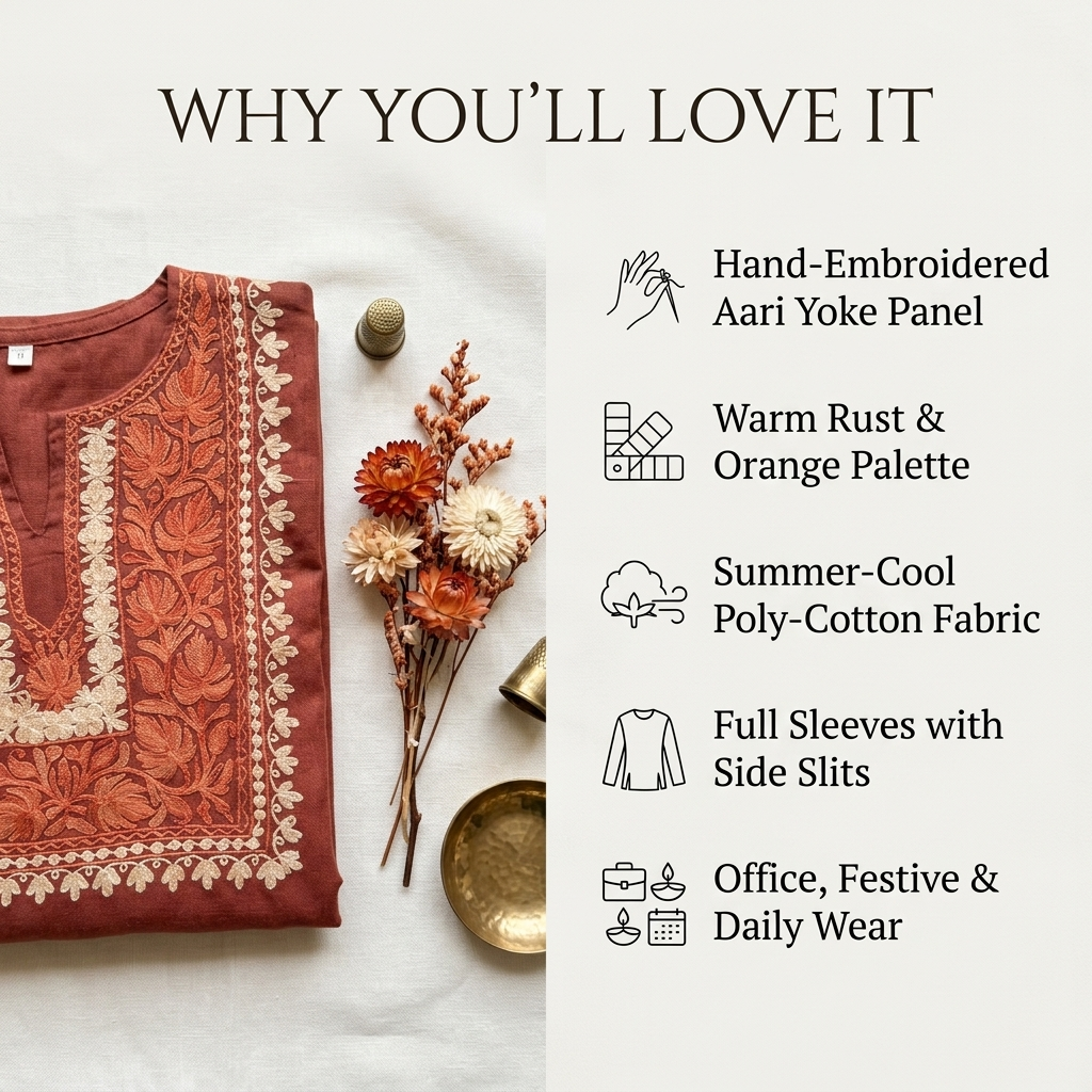 Elegant Rust Designer Kurti with Kashmiri Embroidery