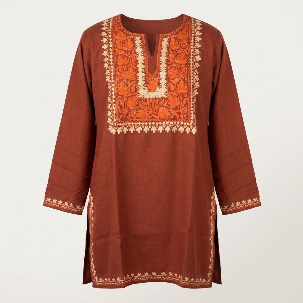 Rust Kashmiri Short Kurti for Women with Machine Embroidery