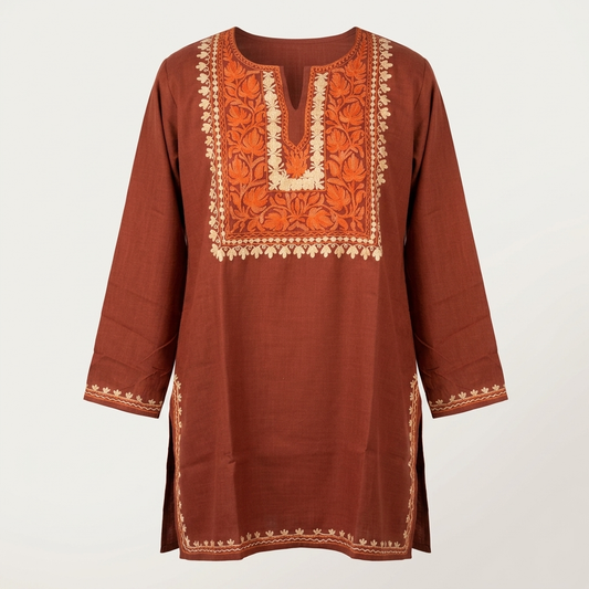 Rust Kashmiri Short Kurti for Women with Machine Embroidery