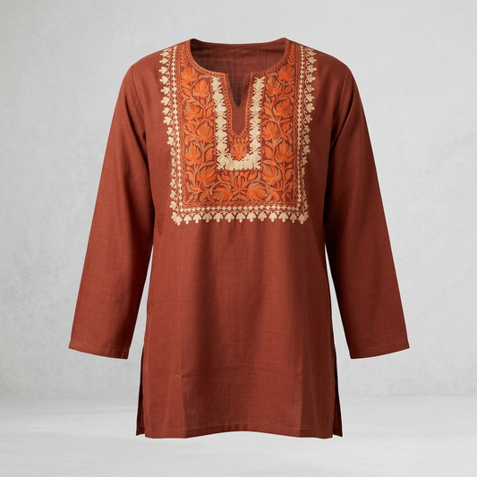 Rust Machine Embroidered Designer Kurti for Women
