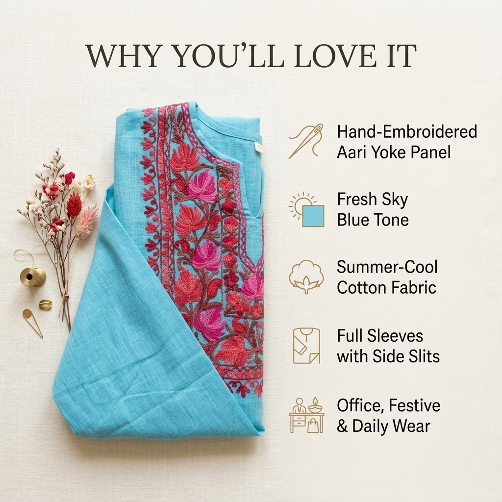 Elegant Sky Blue Designer Kurti with Kashmiri Embroidery