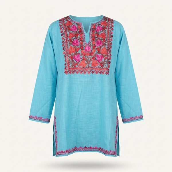 Sky Blue Kashmiri Short Kurti for Women | Aari-Style Machine Embroidered Designer Kurti | Kashmiri Floral Ethnic Wear