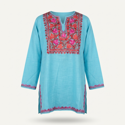 Sky Blue Kashmiri Short Kurti for Women with Machine Embroidery