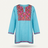 Sky Blue Kashmiri Short Kurti for Women with Machine Embroidery