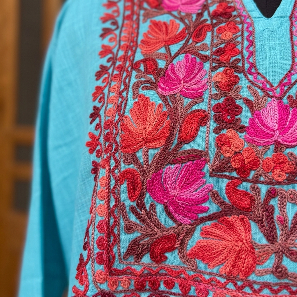 Premium Sky Blue Kashmiri Embroidered Short Kurti