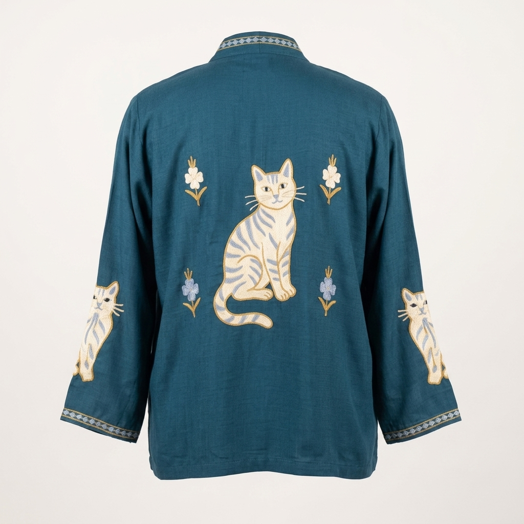 Teal Blue Embroidered Open Front Rayon Shrug
