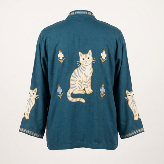 Teal Blue Embroidered Open Front Rayon Shrug