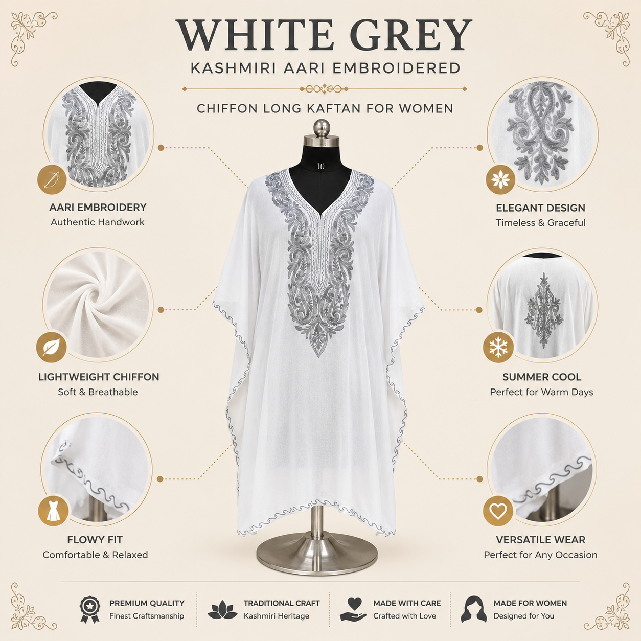 Luxury White Grey Kashmiri Embroidered Kaftan