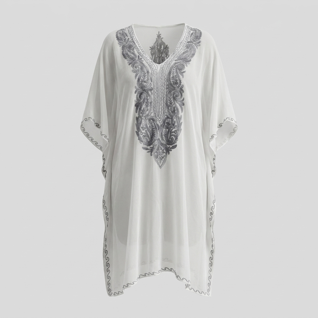 White Grey Kashmiri Aari Embroidered Chiffon Long Kaftan for Women