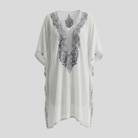 White Grey Kashmiri Aari Embroidered Chiffon Long Kaftan for Women
