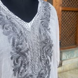 Premium White Grey Aari Embroidered Chiffon Kaftan