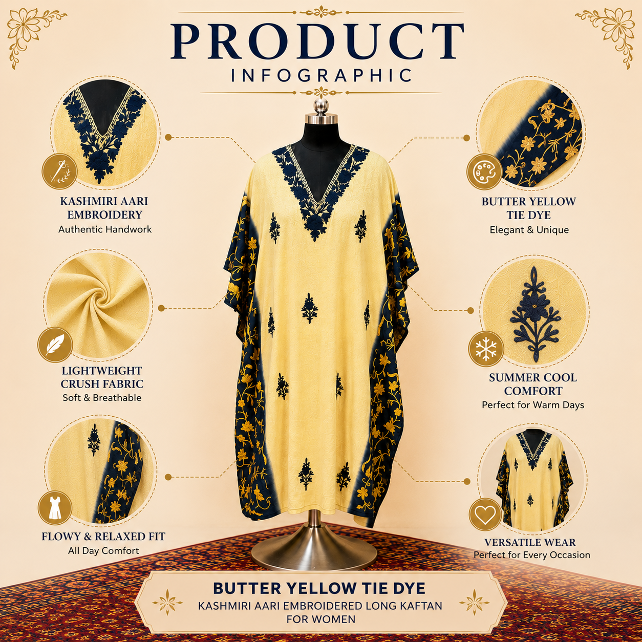 Handmade Butter Yellow Kashmiri Aari Kaftan