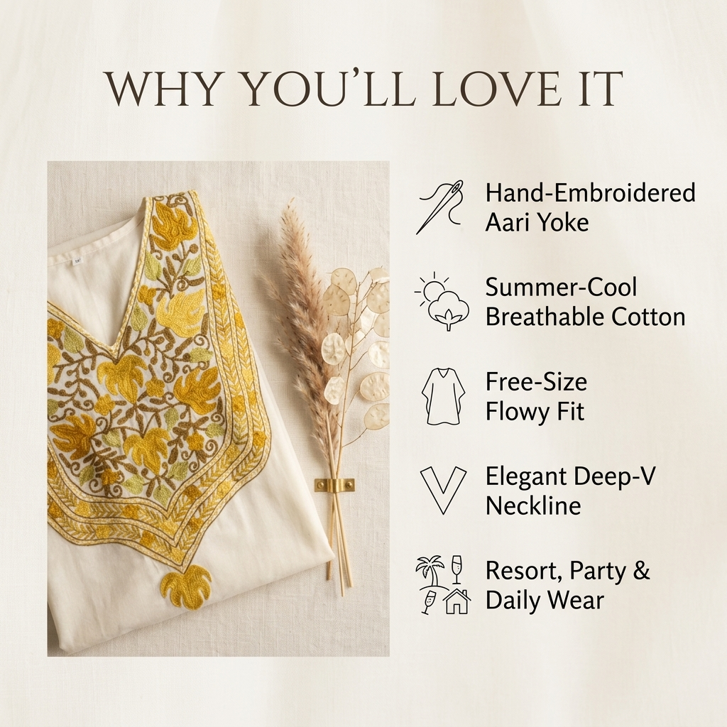 Women's Ivory Gold Summer Cool Long Kaftan