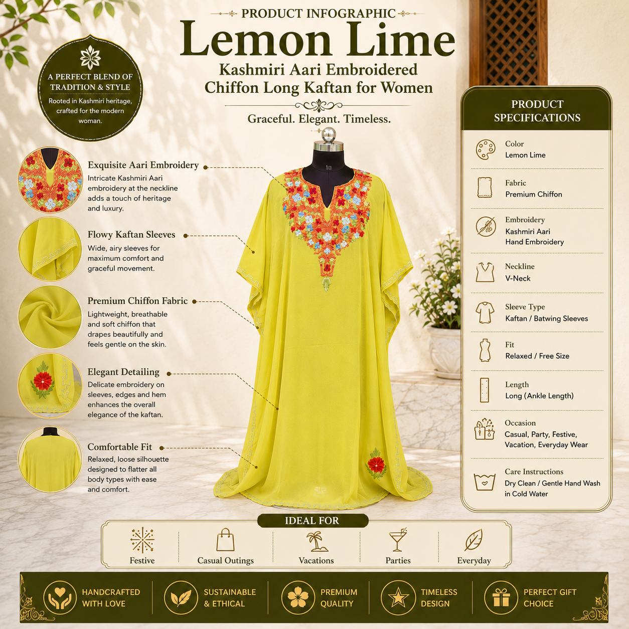 Women's Lemon Lime Chiffon Long Kaftan
