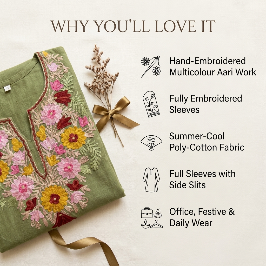 Olive Green Summer Poly Cotton Long Kurti