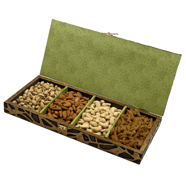 New Crystal Clear Wooden Designed Diwali Gift Box – 4 in 1 Dry Fruits Gift Box
