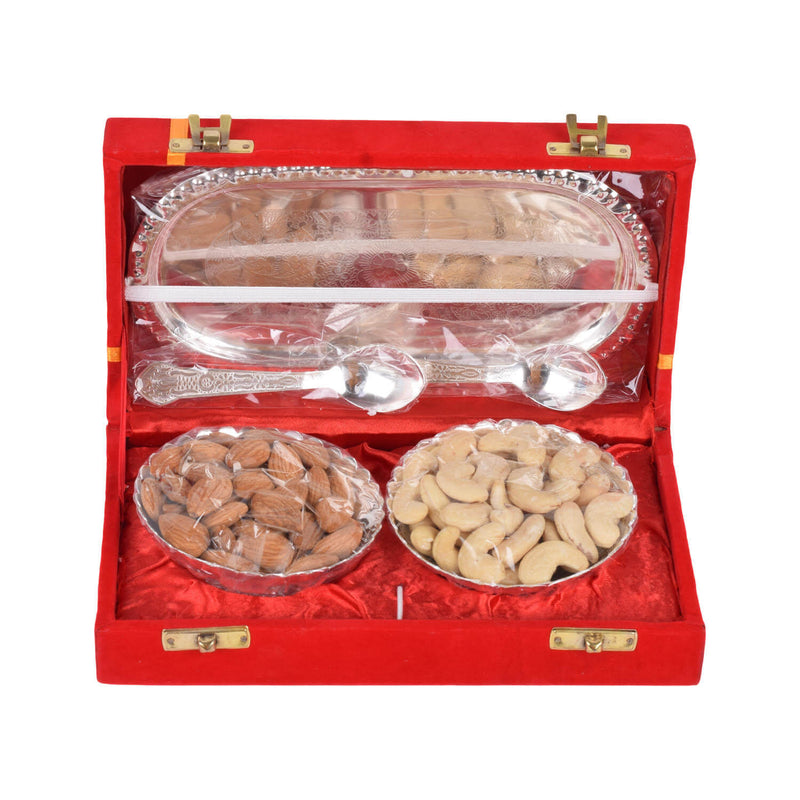 Diwali Dry Fruits Gift Box With Silver Platted Bowl – Spoons – Tray – Premium Diwali Gift Box